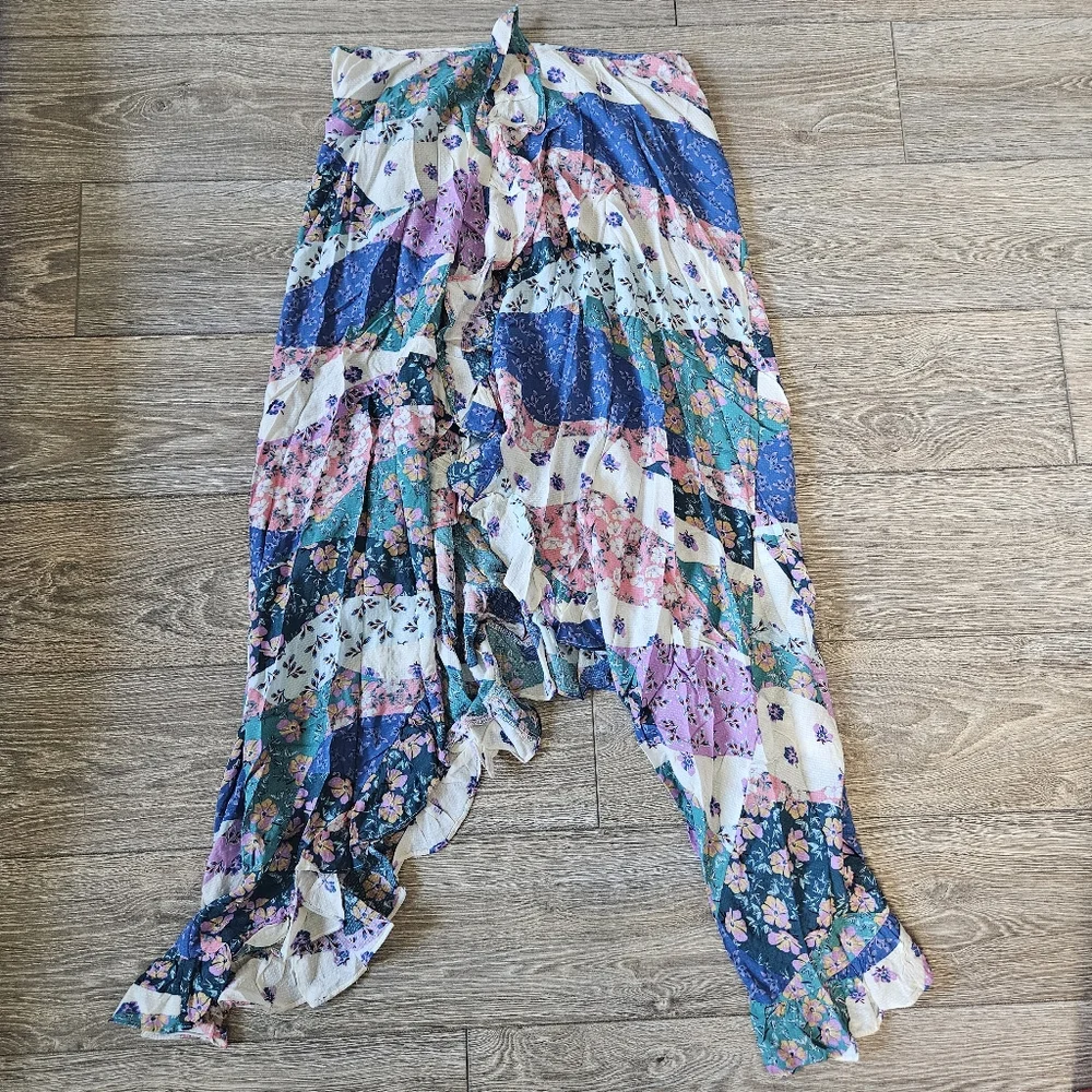 Olivaceous Multicolored Floral Patchwork Asymmetric Boho Midi Skirt